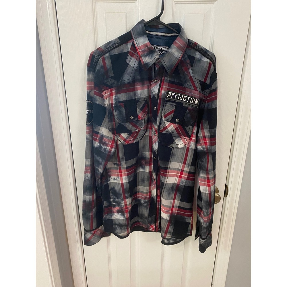 Affliction Button Down Men Large Red Grey Plaid Slim Black Premium Biker Shirt